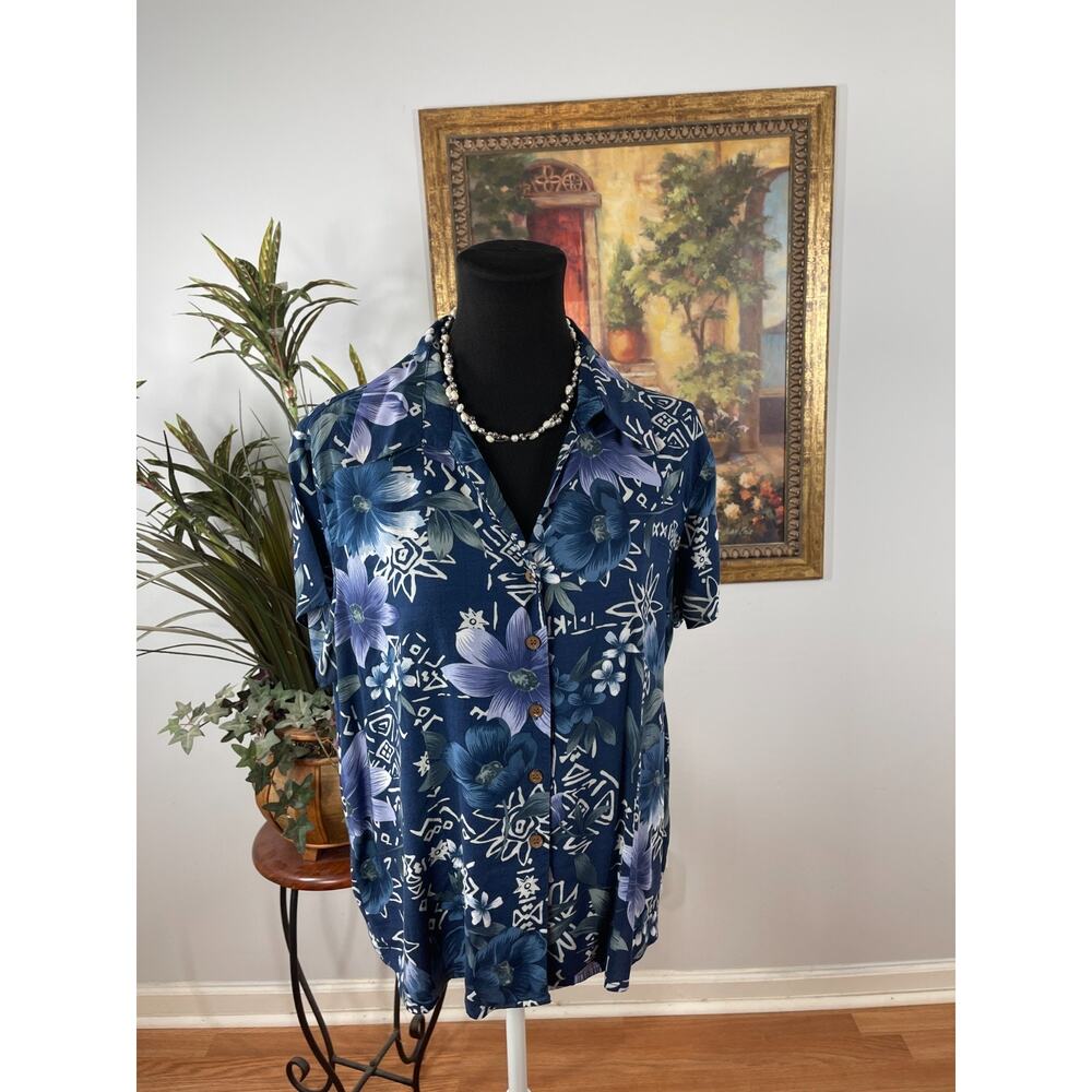 Croft & Barrow Shirt Top Womens Large Navy Floral Button Up Vacation Summer Boho